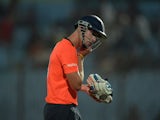 England captain Stuart Broad walks back to the pavilion after his dismissal during the ICC World Twenty20 tournament cricket match between Netherlands and England at The Zahur Ahmed Chowdhury Stadium in Chittagong on March 31, 2014