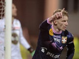 Evian's Danish defender Daniel Wass celebrates after scoring a goal during the French L1 football match between Lorient and Evian on April 05, 2014