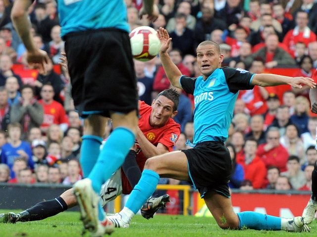 Federico Macheda scores on his Manchester United debut against Aston Villa on April 05, 2009.