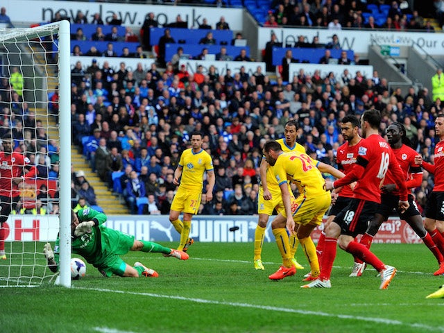 Joe Ledley #28 of Crystal Palace scores his team's second goal during the Barclays Premier League match against Cardiff City on April 5, 2014