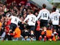 Steven Gerrard #8 of Liverpool celebrates after scoring his team's second goal from the penalty spot during the Barclays Premier League match between West Ham United and Liverpool at Boleyn Ground on April 6, 2014