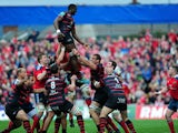 Toulouse player Yacouba Camara jumps for the ball during the rugby union European Cup quarter final match between Munster and Stade Toulousain at Thomond Park in Limerick on April 5, 2014