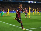 Neymar of Barcelona celebrates his goal during the UEFA Champions League Quarter Final first leg match against Atletico de Madrid on April 1, 2014