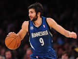 Ricky Rubio of the Minnesota Timberwolves dribbles up court against the Los Angeles Lakers during action from their NBA game in Los Angeles, California on November 10, 2013
