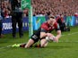 Chris Ashton of Saracens dives over to score a try during the Heineken Cup Quarter-Final match between Ulster and Saracens at Ravenhill on April 5, 2014