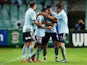 Ali Abbas of Sydney FC celebrates with team mates after scoring a goal during the round 26 A-League match between Sydney FC and the Wellington Phoenix at Allianz Stadium on April 6, 2014