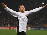 Wayne Rooney celebrates scoring for Manchester United against Roma on April 1, 2008.