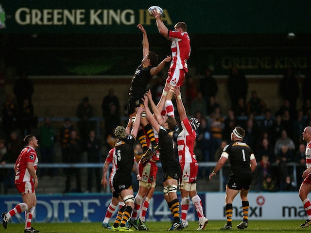 Will James of Gloucester wins a line-out during the Amlin Challenge Cup Quarter-Final between London Wasps and Gloucester at Adams Park on April 6, 2014