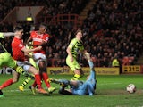 Marvin Sordell of Charlton scores Charlton's 3rd goal during the Sky Bet Championship match between Charlton Athletic and Yeovil Town at The Valley on April 8, 2014