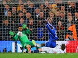 Demba Ba of Chelsea scores their second goal during the UEFA Champions League Quarter Final second leg match between Chelsea and Paris Saint-Germain FC at Stamford Bridge on April 8, 2014