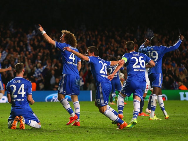 Gary Cahill, David Luiz, Cesar Azpilicueta, John Terry and Demba Ba of Chelsea celebrate victory as the final whistle is blown during the UEFA Champions League Quarter Final second leg match between Chelsea and Paris Saint-Germain FC at Stamford Bridge on
