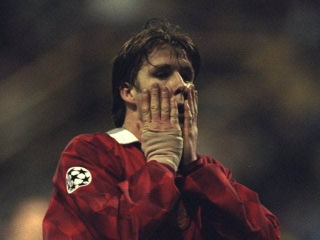 David Beckham, then of Manchester United, reacts to missing a chance against Borussia Dortmund on April 09, 1997.
