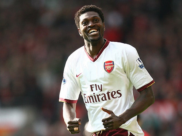 Arsena;'s Emmanuel Adebayor celebrates after scoring his team's opening goal against Manchester United during the Premier League match on April 13, 2008
