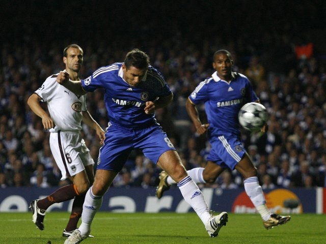 Frank Lampard stoops to score for Chelsea against Bordeaux on September 16, 2008.