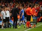 Head Coach Laurent Blanc of PSG shakes hands with Eden Hazard of Chelsea as he is replaced by Andre Schurrle of Chelsea during the UEFA Champions League Quarter Final second leg match between Chelsea and Paris Saint-Germain FC at Stamford Bridge on April 