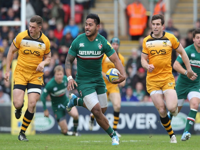 Manu Tuilagi of   breaks with the ball during the Aviva Premiership match between Leicester Tigers and London Wasps at Welford Road on April 12, 2014
