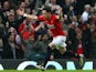 Manchester United's Owen Hargreaves celebrates after scoring his team's second goal against Arsenal during the Premier League match on April 13, 2008