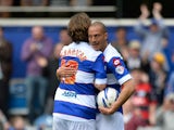 Bobby Zamora of Queens Park Rangers celebrates scoring their 5th goal with Niko Kranjcar of Queens Park Rangers during the Sky Bet Championship match between Queens Park Rangers and Nottingham Forest at Loftus Road on April 12, 2014