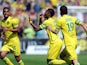 Nantes' Serge Gakpe celebrates after scoring the opening goal against Guingamp during the Ligue 1 match on April 13, 2014