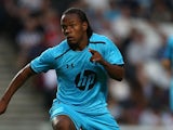 Tottenham's Shaquile Coulthirst in action against MK Dons during a friendly match on July 31, 2013
