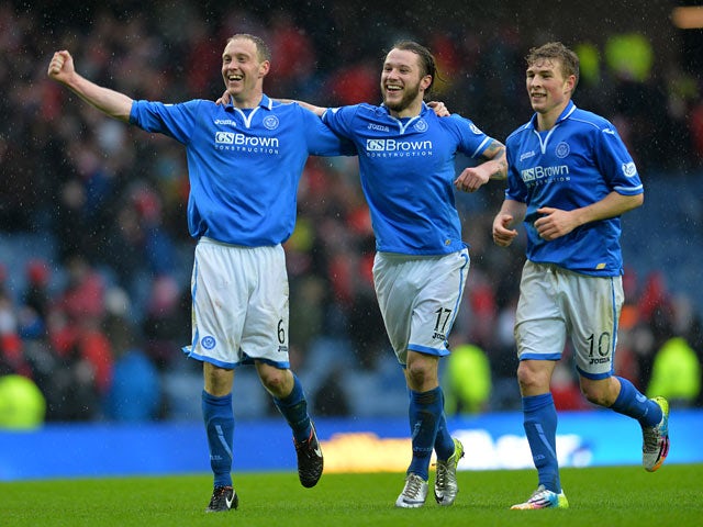 St Johnstone's Steven Anderson, Steven May and David Wotherspoon celebrates at the final whistle after beating Aberdeen in the Scottish Cup semi final on April 13, 2014