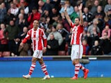 Erik Pieters of Stoke City celebrates scoring the first goal during the Barclays Premier League match between Stoke City and Newcastle United at Britannia Stadium on April 12, 2014
