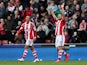 Erik Pieters of Stoke City celebrates scoring the first goal during the Barclays Premier League match between Stoke City and Newcastle United at Britannia Stadium on April 12, 2014