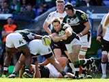London Irish's Tomas O'Leary passes from a maul against Newcastle Falcons during the Aviva Premiership match on April 13, 2014