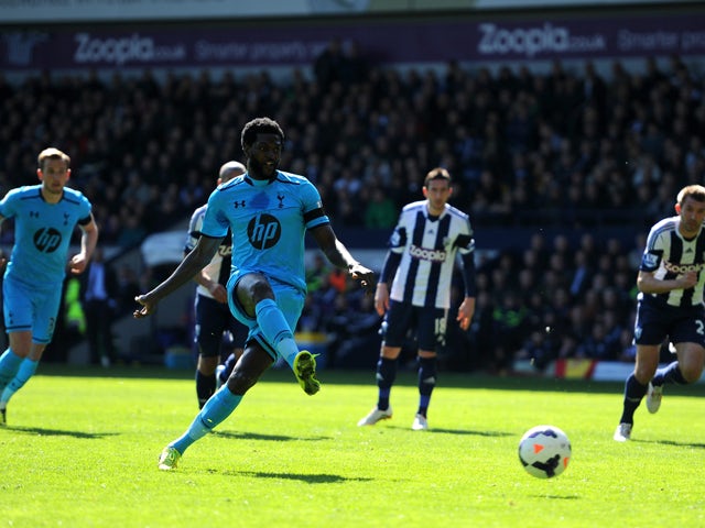 Emmanuel Adebayor of Spurs misses a with a penalty attempt during the Barclays Premier League match between West Bromwich Albion and Tottenham Hotspur at The Hawthorns on April 12, 2014