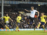 Harry Kane of Tottenham Hotspur scores his team's second goal during the Barclays Premier League match between Tottenham Hotspur and Sunderland at White Hart Lane on April 7, 2014