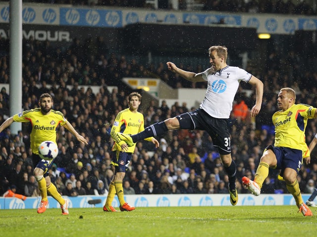 Harry Kane of Tottenham Hotspur scores his team's second goal during the Barclays Premier League match between Tottenham Hotspur and Sunderland at White Hart Lane on April 7, 2014