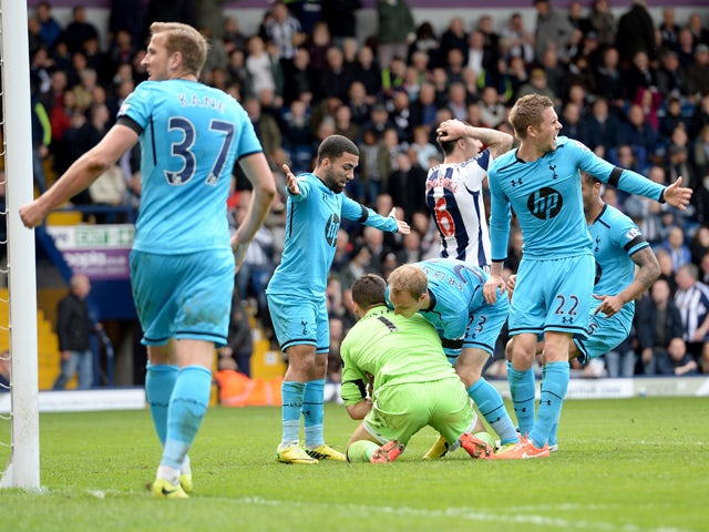 Tottenham celebtare their third goal during the Premier League match between West Bromwich Albion and Tottenham Hotspur at The Hawthorns on April 12, 2014