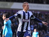 West Bromwich Albion's Czech forward Matej Vydra celebrates after scoring the opening goal during the English Premier League football match between West Bromwich Albion and Tottenham Hotspur at The Hawthorns in West Bromwich on April 12, 2014