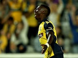 Mariners'Bernie Ibini celebrates after scoring the opening goal against Adelaide during the A-League Elimination Final match on April 19, 2014