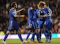 Chelsea's David Luiz celebrates with team mates after scoring the opening goal against Fulham during the Premier League match on April 17, 2013