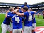 Leicester's David Nugent is congratulated by teammates after scoring the opening goal against QPR during their Championship match on April 19, 2014