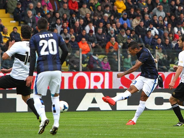 Inter's Fredy Guarin scores his team's second goal against Parma during the Serie A match on April 19, 2014