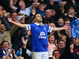 Kevin Mirallas of Everton celebrates scoring their second goal during the Barclays Premier League match against Manchester United on April 20, 2014