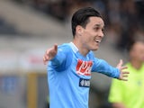Napoli's Maria Callejon celebrates after scoring the opening goal against Udinese during the Serie A match on April 19, 2014