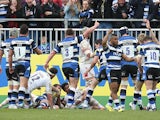 Bath players celebrates after Micky Youngs scores a try against Worcester during the Aviva Premiership match on April 19, 2014