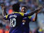 Wilfried Bony of Swansea City celebrates with Jonathan de Guzman of Swansea City as he scores their first goal during the Barclays Premier League match between Newcastle United and Swansea City at St James' Park on April 19, 2014