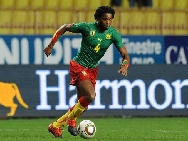 Barcelona midfielder Alex Song in action for Cameroon on March 03, 2010.