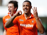 Andre Gray of Luton Town celebrates after scoring his second goal during the Skrill Conference Premier match against Forest Green on April 21, 2014