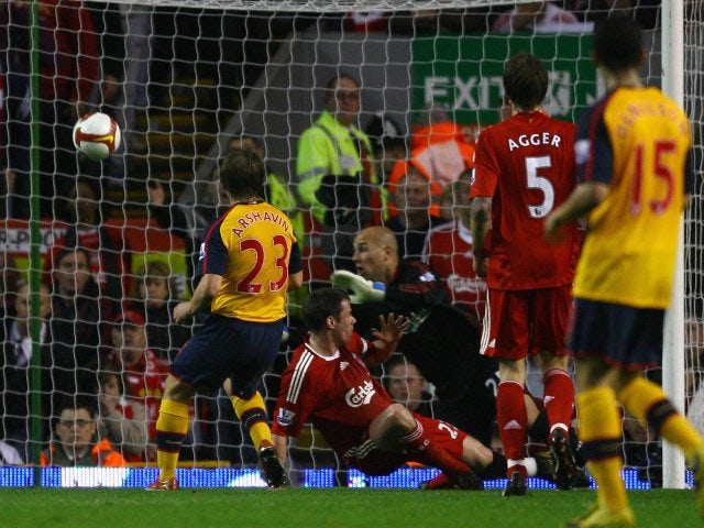 Andrey Arshavin scores for Arsenal against Liverpool on April 21, 2009.