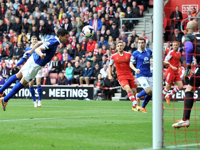 Everton's Antolin Alcarez scores an own goal to put Southampton 1-0 up during the Premier League match on April 26, 2014