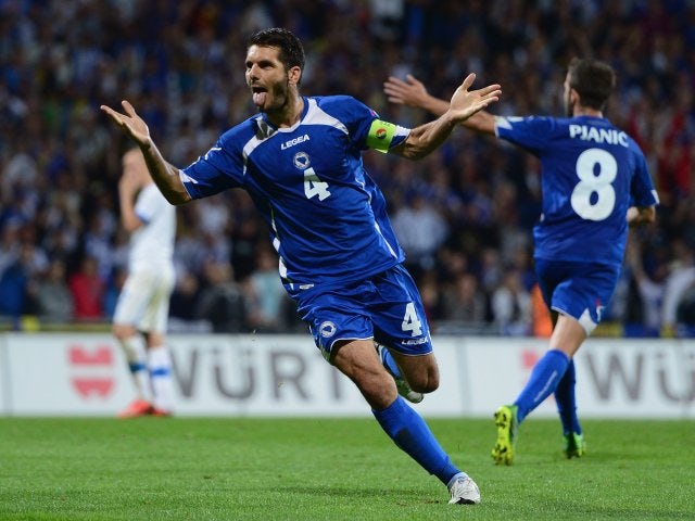 Emir Spahic celebrates scoring a header for Bosnia on September 10, 2013.