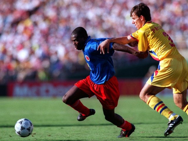 Former Newcastle United striker Faustino Asprilla in action for Colombia on June 18, 1994.