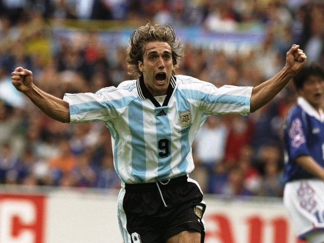 Gabriel Batistuta celebrates scoring for Argentina on June 14, 1998.
