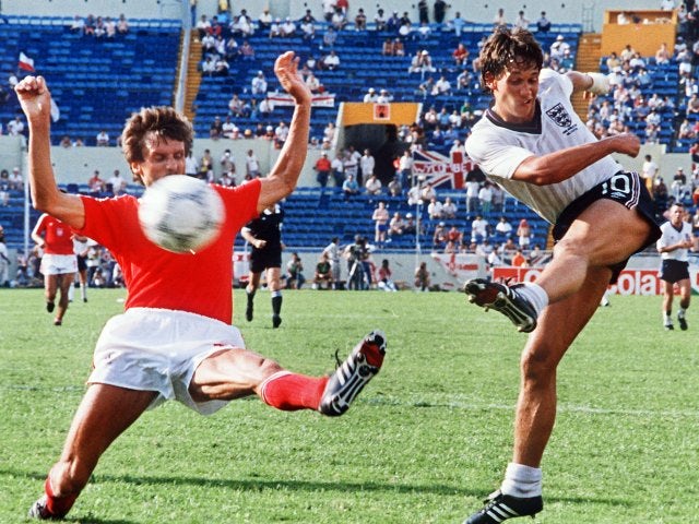 England striker Gary Lineker shoots for goal against Poland on June 11, 1986.