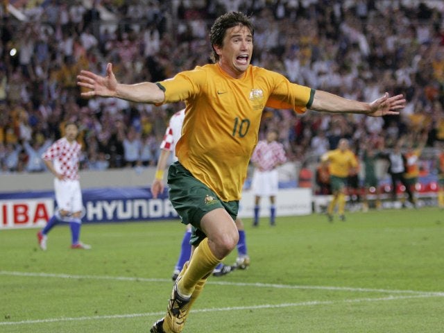 Harry Kewell celebrates scoring for Australia against Croatia in the World Cup on June 22, 2006.